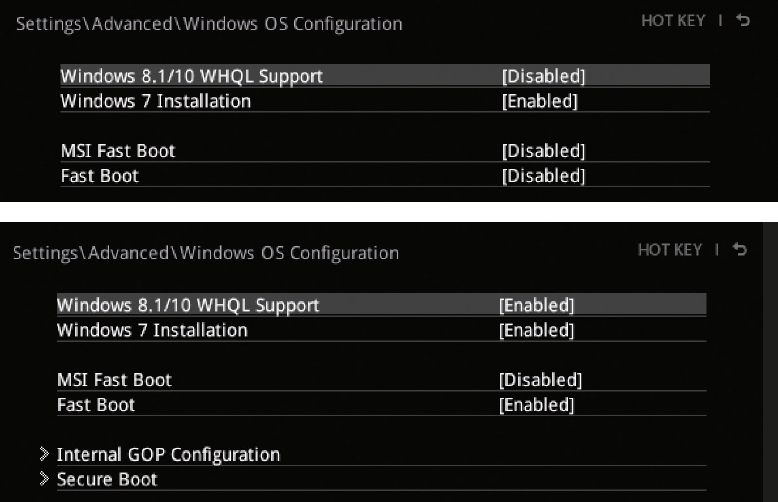 uefi start secure boot boot-probleem msi moederbord WHQL
