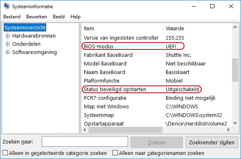 uefi start secure boot status systeeminformatie beveiligd opstarten