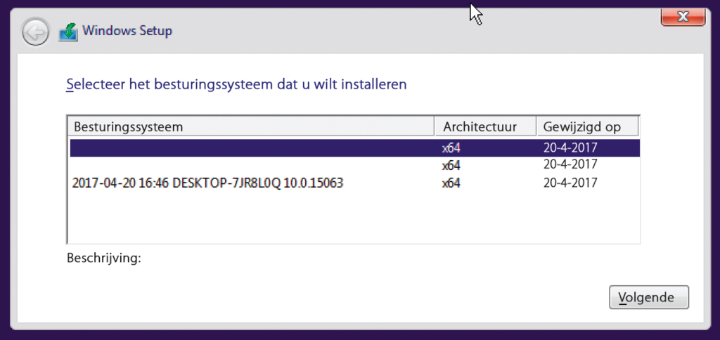Met de Creators Update is de bug eruit dat in het keuzevenster voor terugzetten geen naam of omschrijving bij de images wordt weergegeven: de twee bovenste images zijn nog onder versie 1607 gemaakt, de onderste onder 1703. 